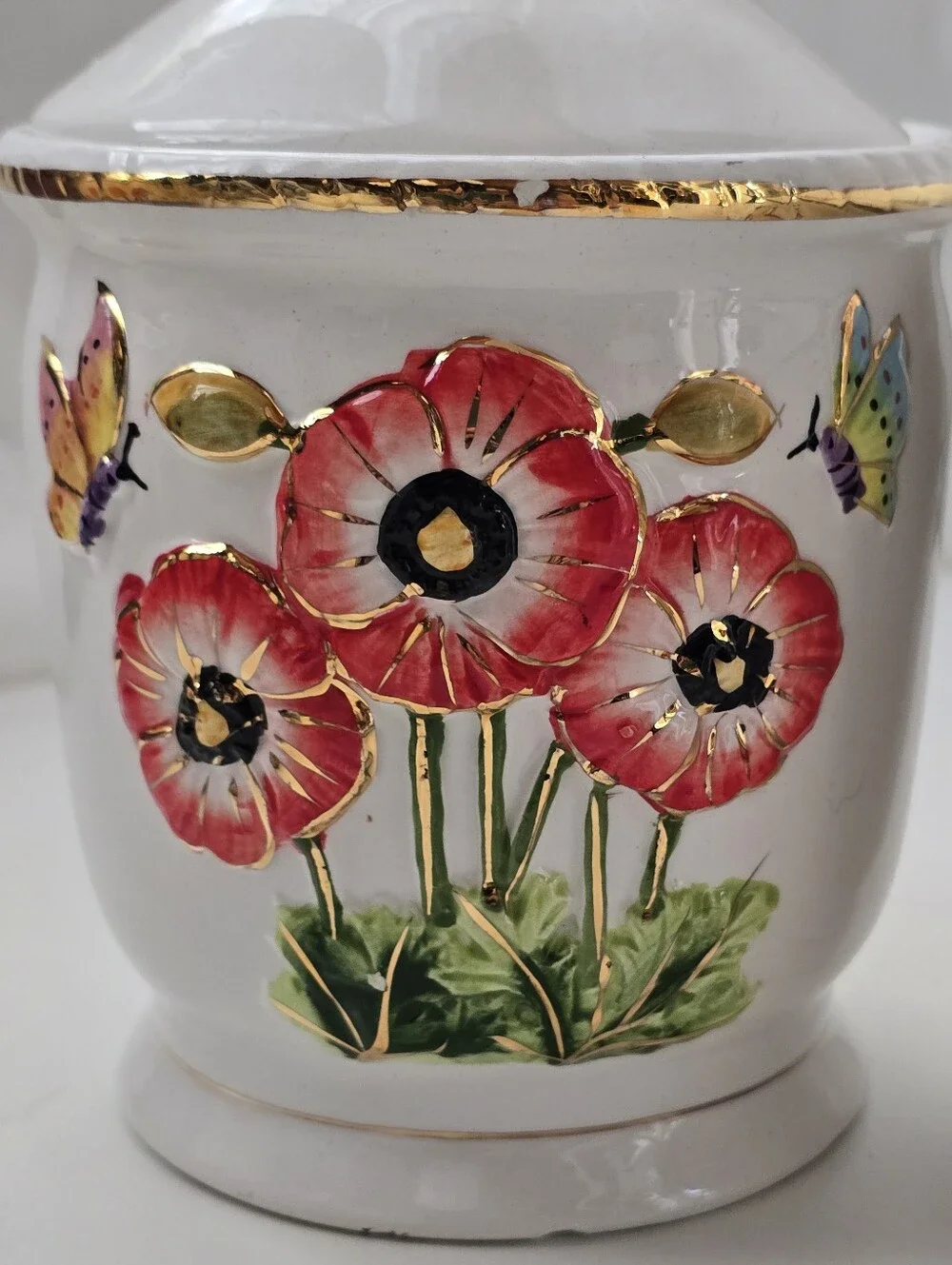 Hand Painted Ceramic Poppy Canister Set Gold Trim Floral Kitchen Storage Jars